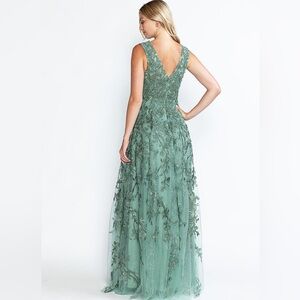 Sage Green Made in USA brand formal A-line  beaded  Lace Gown V-Neck MOB Tag: M